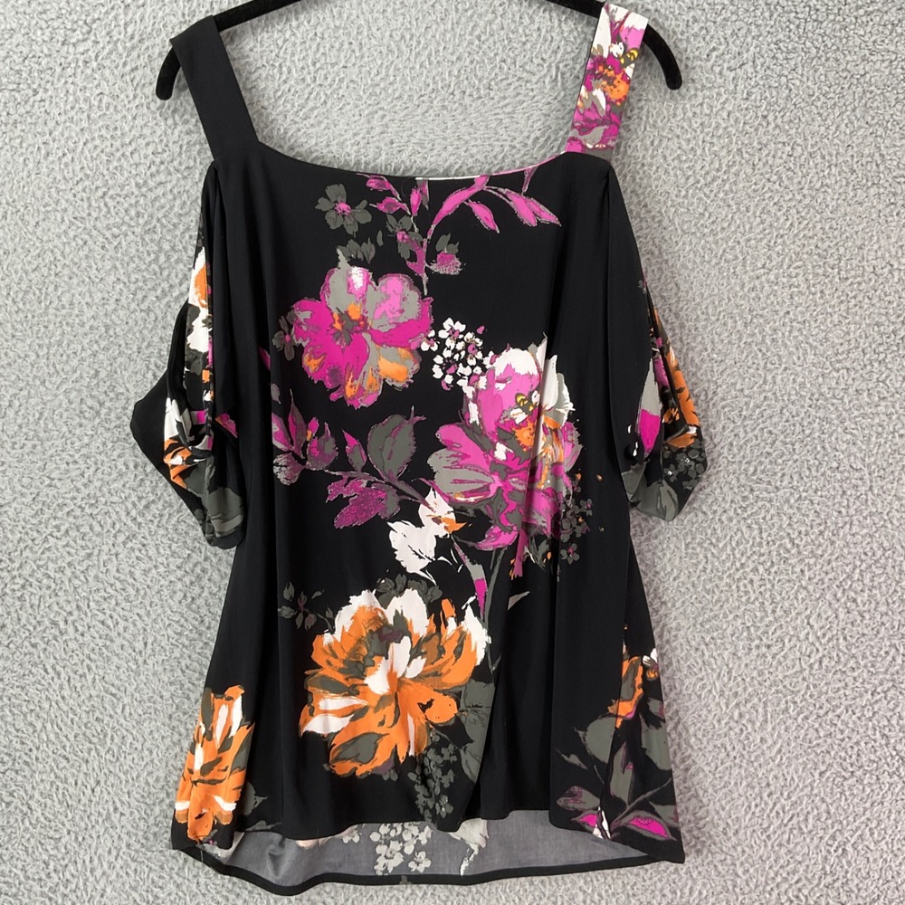 Floral Cold-Shoulder Women's Top in Black with Pink & Orange Blooms - Picture 6 of 6
